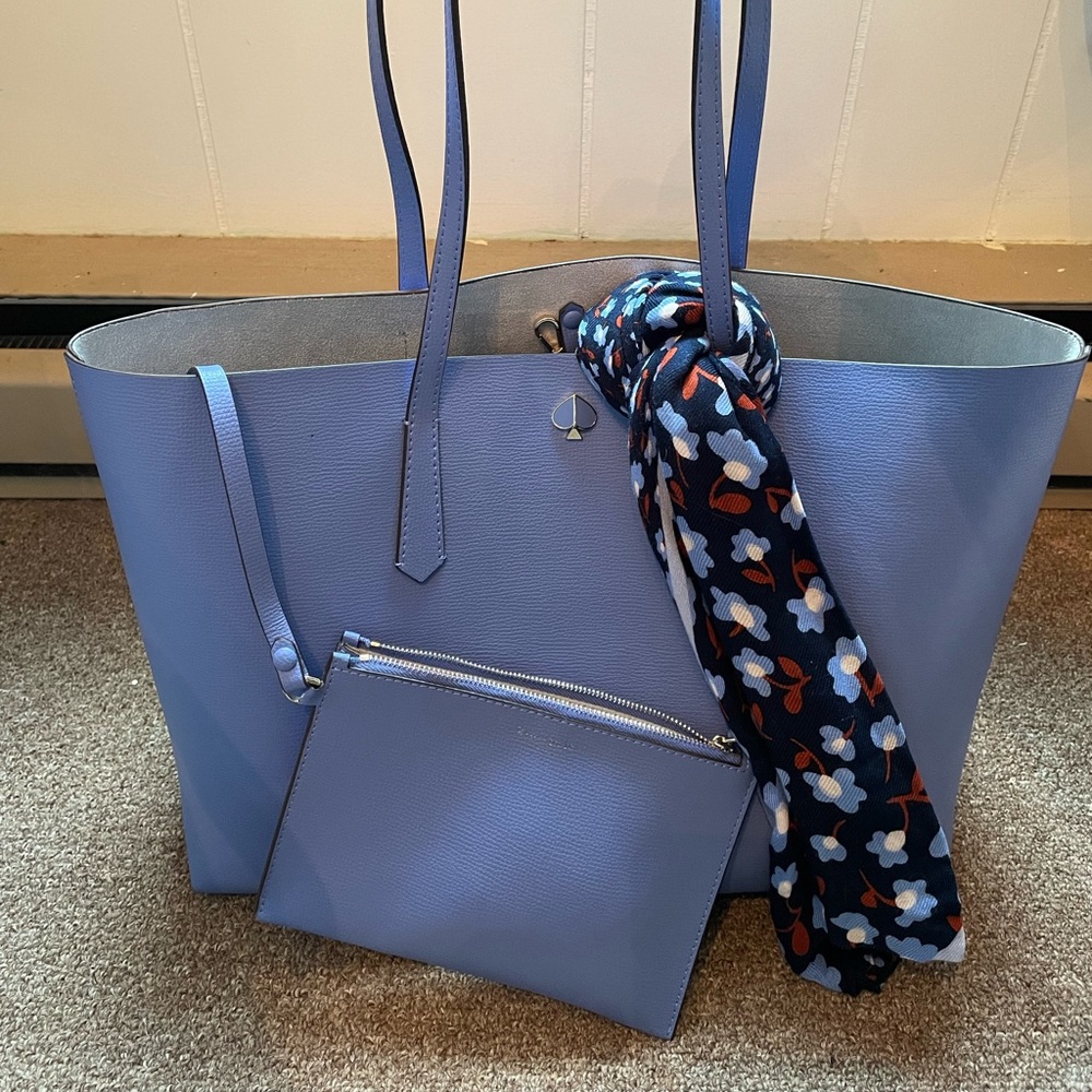 KATE SPADE MOLLY TOTE - FORGET ME NOT BLUE with PARTY FLORAL OBLONG SCARF